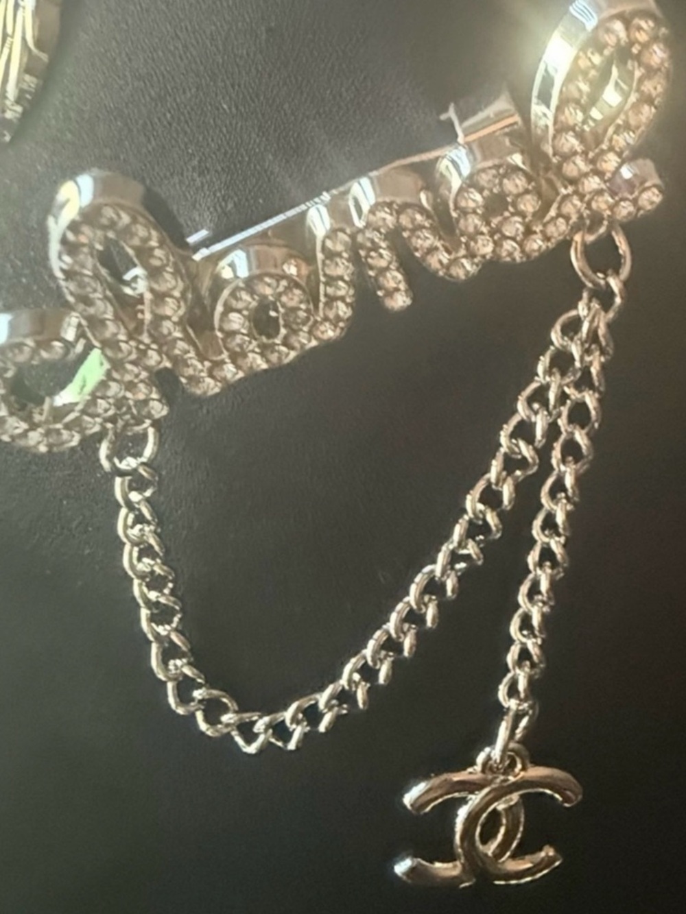 Chanel crystal logo Double-Chain Brooch in Silver